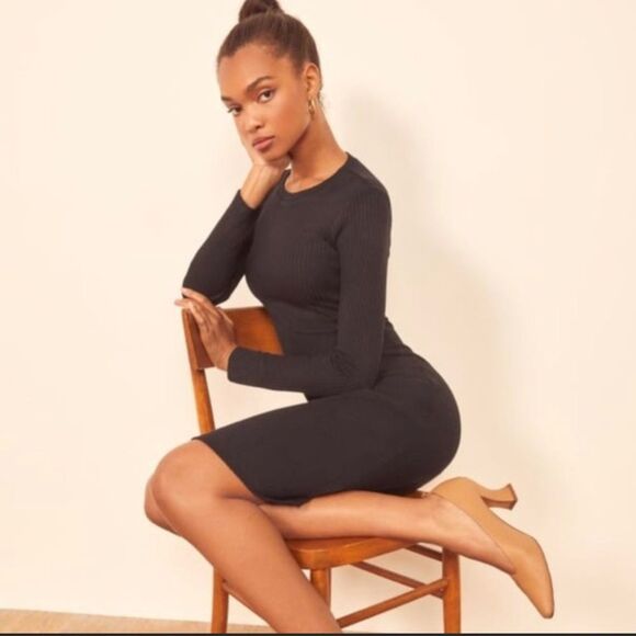 Reformation Wednesday NWOT Ribbed Mini Dress Long Sleeves Crew Neck Black - Picture 4 of 9